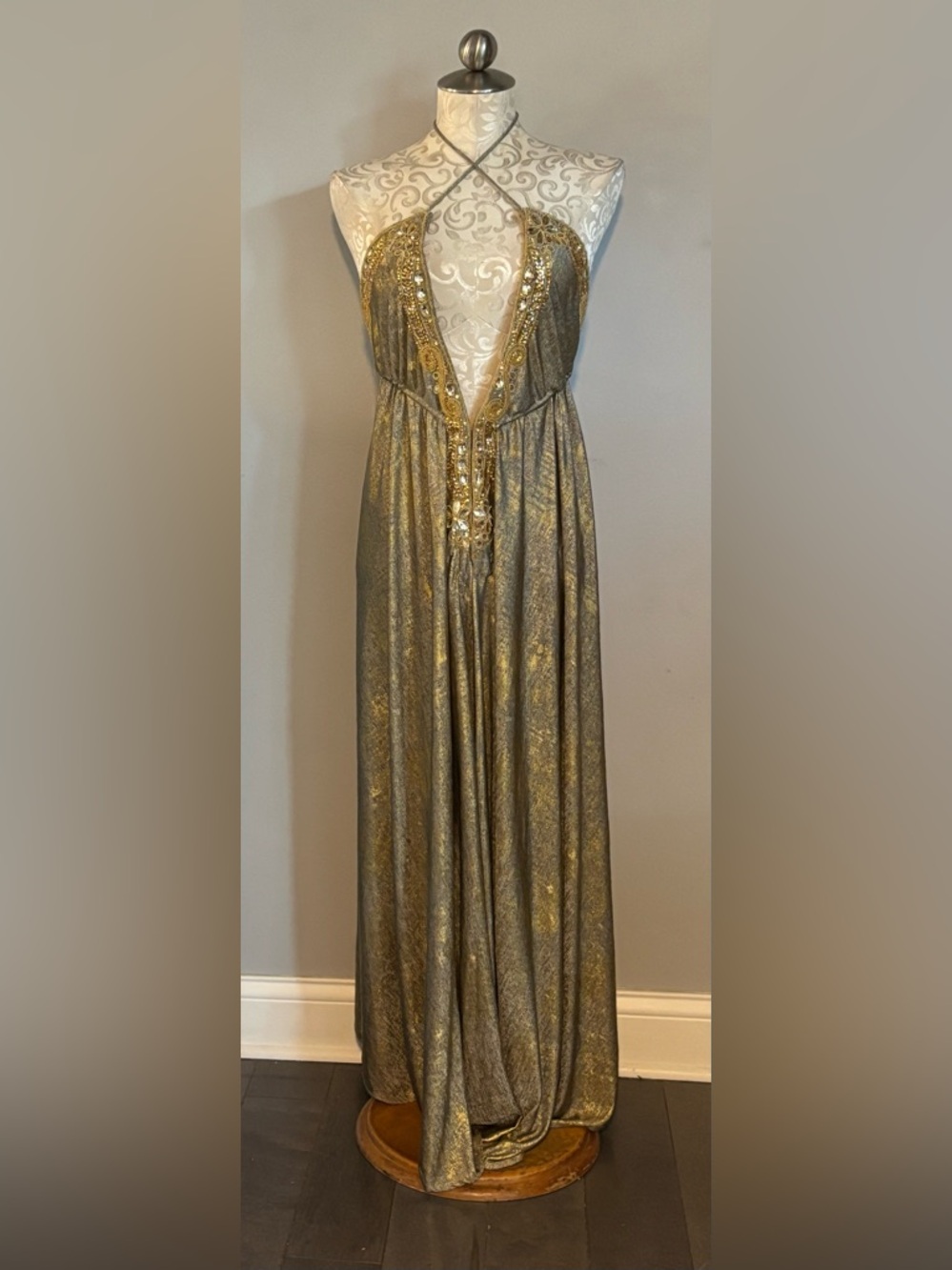 Boston Proper Gold Metallic Halter Evening Gown - Picture 6 of 12